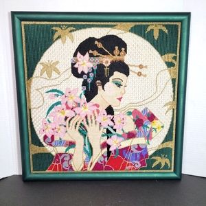 Geisha and the Moon Needlepoint Crewel Work on Handpainted Canvas